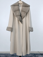 Lässiger Warmer Herbst-Kaschmirmantel mit Nerzkragen für Damen, Beiger Langer Mantel mit Gürtel und Pelzmanschetten
