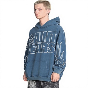 Sweat à capuche brodé Saint Tears pour homme, coupe oversize, streetwear, coton French Terry, bleu, logo au dos, poche, coupe classique, automne - Product Image 6