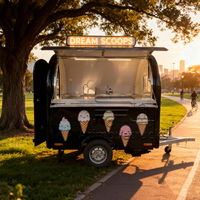 Beau luxe toit rond fromage ouvert chocolat Churros collation sucrée bonbons camion de nourriture remorque avec places assises terrasse