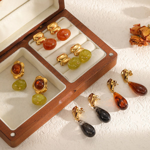 Pendientes de Resina con Forma de Gota Ovalada Retro, Venta al por Mayor, Pendientes Coreanos Antideslustre, Diseño de Acero Inoxidable, Regalos de Joyería - Product Image 2