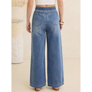 Anrabess Jeans de pierna ancha para mujer, pantalones vaqueros de cintura alta con cordón, ajuste informal y relajado con bolsillos - Product Image 4