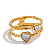 Bague JINYOU 7635 tendance à double couche en acier inoxydable plaqué or 18 carats PVD, avec coquille en forme de cœur et zircon cubique, pour femme