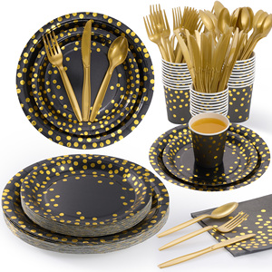 Juego de Vajilla Desechable Ecológico de 350 Piezas con Diseño de Puntos Negros y Dorados, Libre de BPA, para 50 Personas, Platos, Vasos, Servilletas y Cubiertos Dorados de PET - Product Image 1