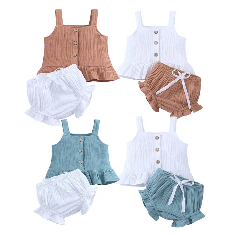 Ensemble de vêtements d'été en coton et lin pour bébé fille, couleur unie, sans manches, gilet blanc et court à volants