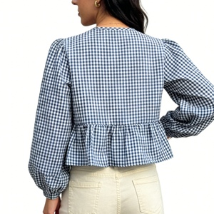 Chemisier Peplum à Nœud Imprimé Carreaux Vichy pour Femme - Haut Décontracté à Manches Longues et Ourlet Volanté Tendance - Product Image 4