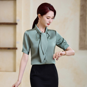White Chiffon Blouse Women Short Sleeve Elegant Wrap Tie Office Shirt Summer Formal Inner Layer Top - Product Image 2