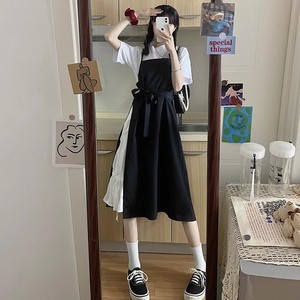 Black Two Piece Set Spaghetti Strap Dress With T Shirt Contrast Color Casual Daily Wear Women Summer 2025 French Style Overall - Product Image 1