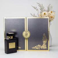Cajas de Perfume magnéticas duras de doble puerta abierta negra con lámina de oro personalizada, 50ML, 100ML, botella fragante, caja de papel para velas, embalaje