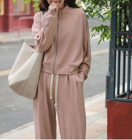Conjunto de dos piezas casual para mujer: abrigo corto con cremallera y cuello alto, pantalones de cintura alta de pierna ancha, chándal holgado para uso diario en otoño.