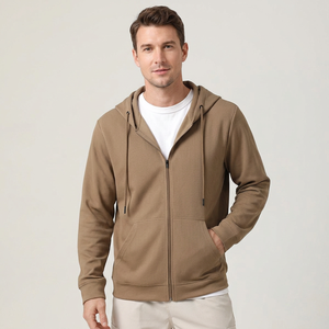 Ensemble de sweat à capuche à fermeture éclair 100% coton pour hommes, tricoté, motif uni, design doublé, poches utilitaires, sweats à capuche de style lavé - Product Image 1