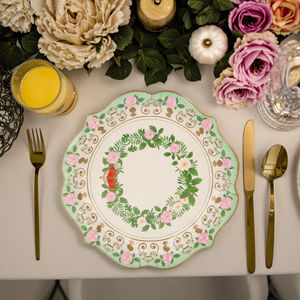 Одноразовые бумажные тарелки с цветочным узором — зеленый и золотой дизайн, для дома, вечеринок и мероприятий - Product Image 1