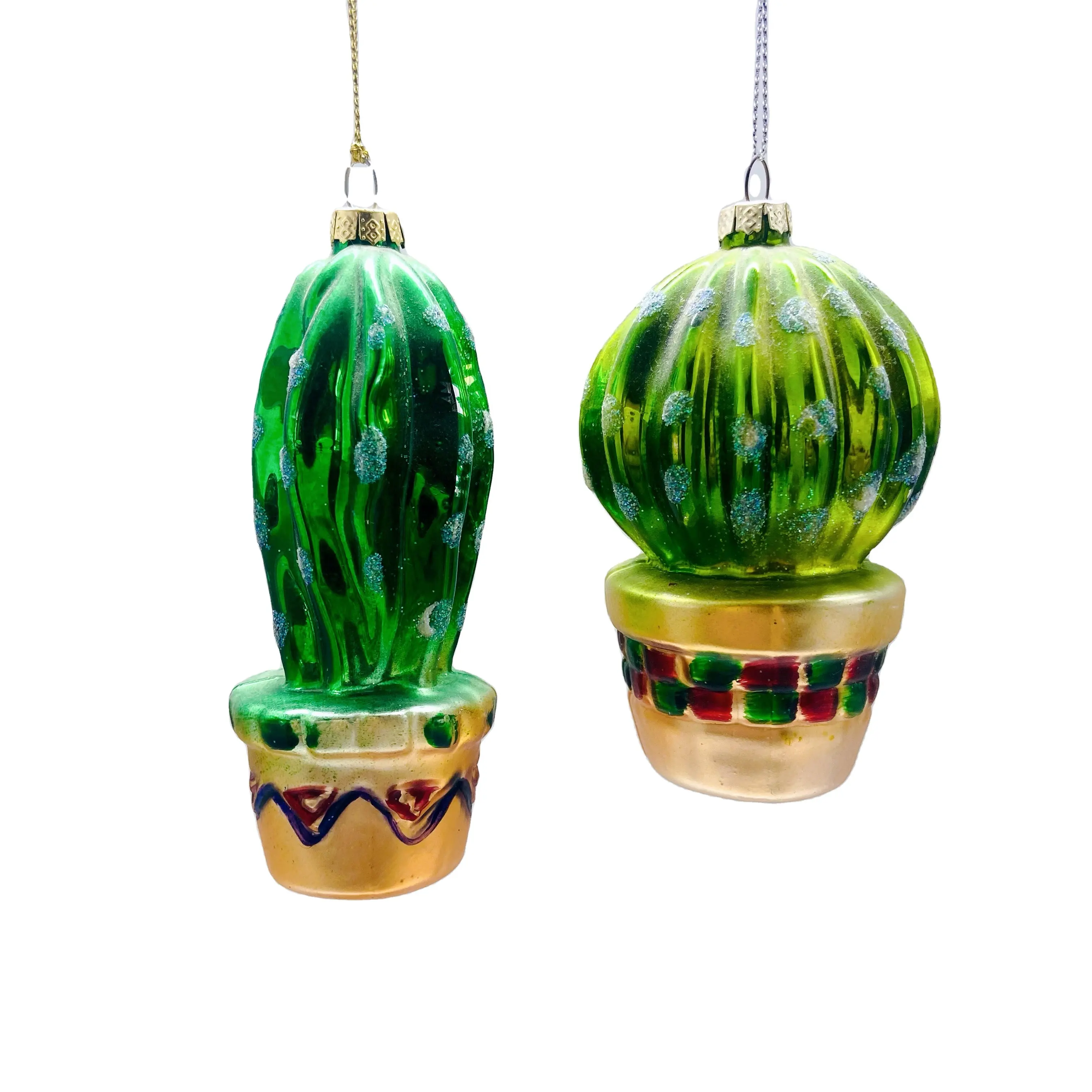 Décorations d'arbre de noël en verre Cactus manuel-ensemble de 2 | Vert