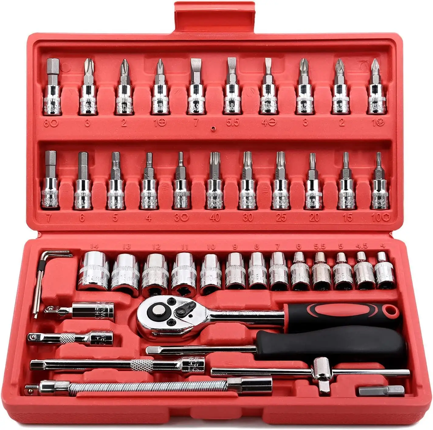 INNO Auto Repair Tools Box 46PCS Chrome Vanadium Flexible Ratchet Spanner Socket Wrench Set