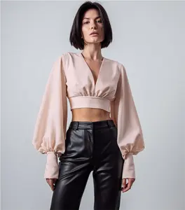 Custom Pink V Neck Lantern Sleeve Satin Girl Short Blouses Elegant Pleated Sexy Fitted Crop Top For Ladies