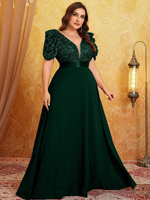 Robe de soirée élégante haut de gamme pour femme grande taille, col en V profond, manches bouffantes, ourlet évasé, taille nouée, avec empiècements de sequins