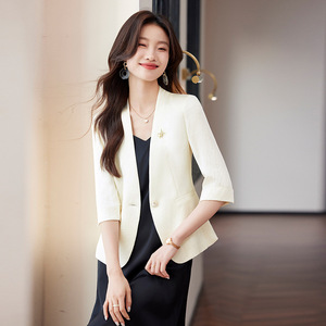Pink Three Quarter Sleeve Blazer For Women Summer Thin Collarless Slim Fit Elegant Casual Solid Color Polyester Breathable - Product Image 5