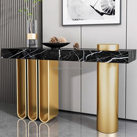 Meuble de villa moderne, console de luxe en marbre doré avec base en métal inoxydable antique pour l'entrée et le salon