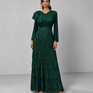 Robe élégante taille empire longueur cheville coupe trapèze col rond manches lanternes plissée en polyester grande taille infroissable avec ceinture 3D pour femme - Product Image 2