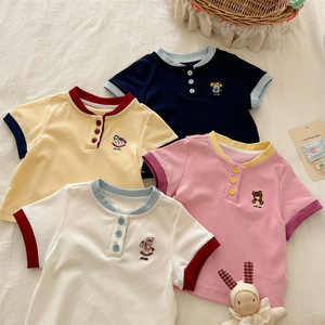 Baby Girls Cotton Henley Collar Short Sleeve T-Shirt Breathable Color Block Summer Top - Product Image 5