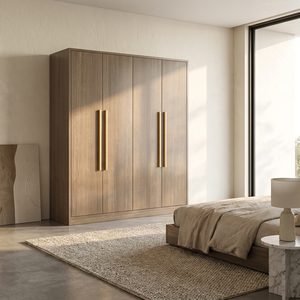 <span class=keywords><strong>Armoire</strong></span> de chambre à coucher en bois de luxe minimaliste moderne, grand rangement avec poignées dorées brossées - Product Image 6