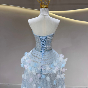 <span class=keywords><strong>Vestido</strong></span> de Noche Jfh138 <span class=keywords><strong>Azul</strong></span> Celeste sin Tirantes con Tul en Capas, Apliques Florales 3D, Espalda con Cordones, <span class=keywords><strong>Vestido</strong></span> de Fiesta Jancember - Product Image 6