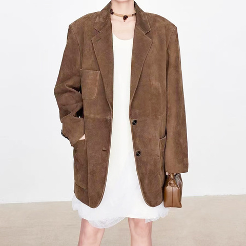 4113 New Fashionable Middle Long Single Breasted Pocket Loose Suede Leather Coat Women