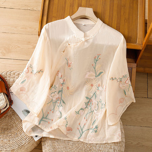 Women's Chinese Style Embroidery Shirt Cotton Linen Stand Collar Three Quarter Sleeve Top Spring Summer Traditional Clothing - Product Image 1