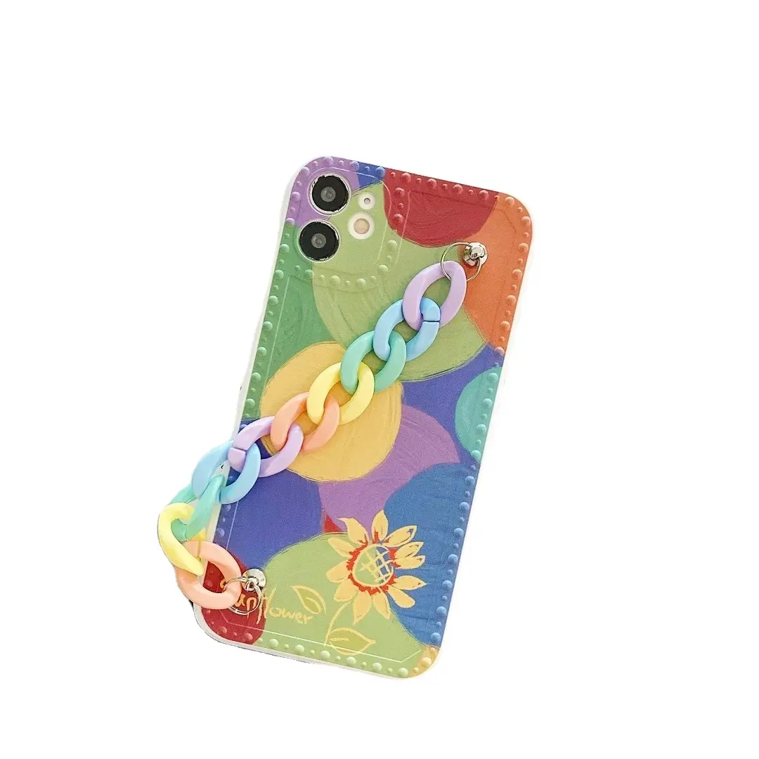 Optimistic smiling face sunflower wrist chain silicone phone case for iphone x xr xs max 8 plus 11 13 12 pro max rainbow case