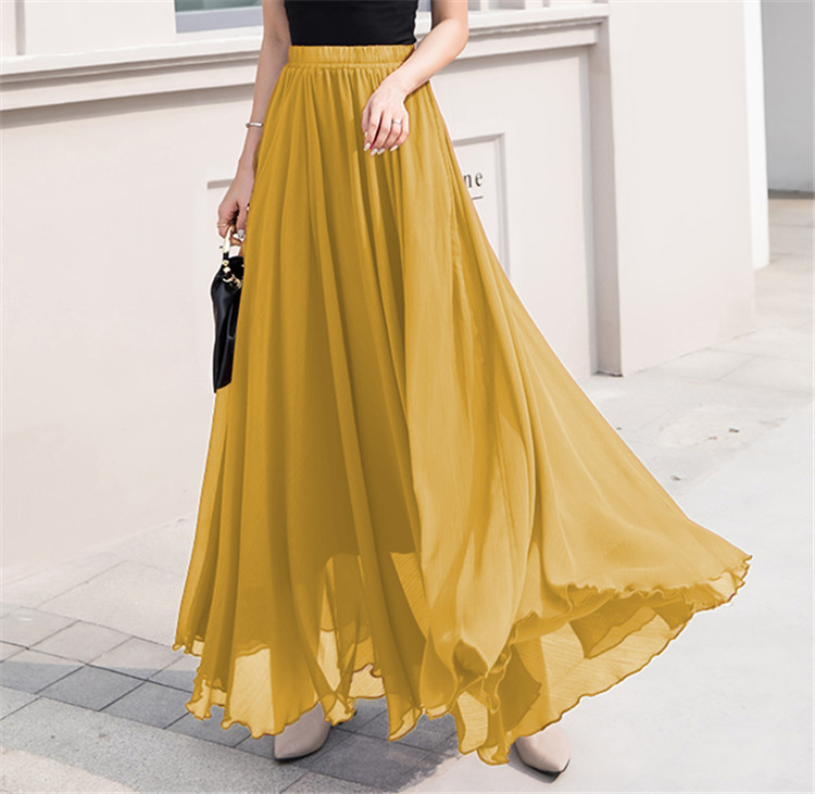 Afibi Women's Chiffon Maxi Skirt - High Waist Floor Length, Leopard Yellow, XX-Large, Beach Casual - View #10