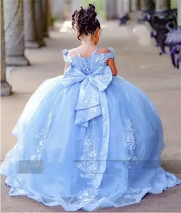 Lüks açık mavi çiçek kız elbise düğün için aplike yay doğum günü balo parti resmi olay cemaat elbisesi - Product Image 2