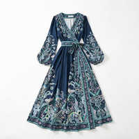 Robe longue imprimée à manches longues de style ethnique pour femmes, col en V, taille à lacets, tailles S-XXL