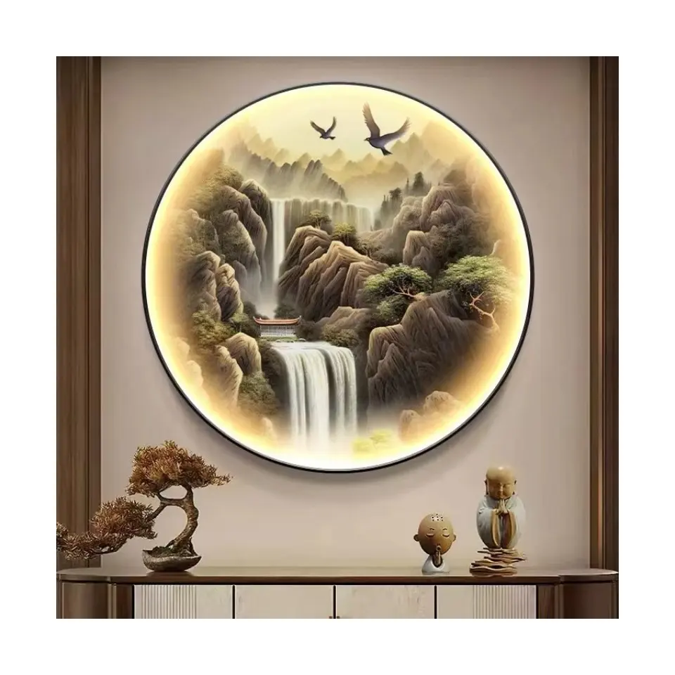Klasik çin dağ manzara dekoratif boyama LED yuvarlak Feng shui kristal porselen duvar tablosu oturma odası için