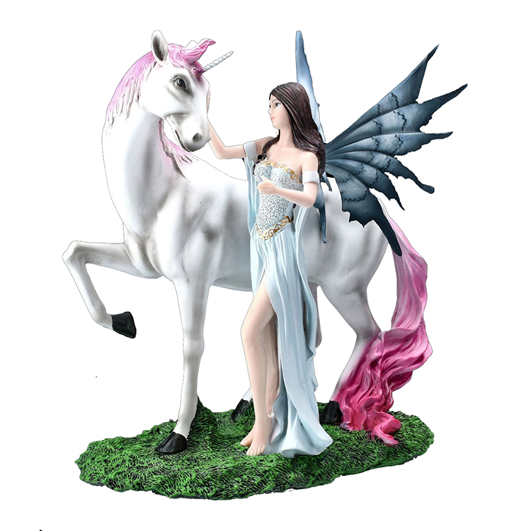 Casa Decorativo Compagno di Fata Con Unicorn Lupo Statua Da Collezione Polyresin Fata