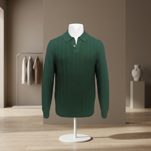 Olive Green Ribbed <b>Knit</b> Polo <b>Sweater</b> Men Long Sleeve Pullover Collared <b>Cable</b> <b>Knit</b> Casual Autumn Top - Product Image 4