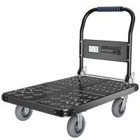 Chariot de manutention industriel robuste en acier gaufré avec poignée pliable, 4 roues, chariot à main d'entrepôt, roulettes en PU noires, OEM