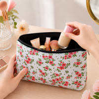 Tas Kosmetik Neoprene 3mm Motif Bunga Retro "Pretty Blooms", Kantong Makeup Kapasitas Besar dengan Resleting untuk Wanita & Remaja Putri