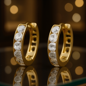 Orecchini a Cerchio E4522 in Oro con Cristalli Incastonati, Placcati in Oro per Donne, Gioielli Classici per Uso Quotidiano - Product Image 2