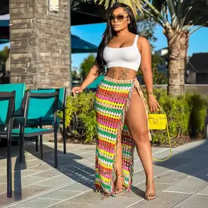 Women Sexy Rainbow Strip Crochet Maxi Cover Up Skirts for Swimwear Summer Beach Wrap Fringe Sarong Coverups Women Skirts 2024