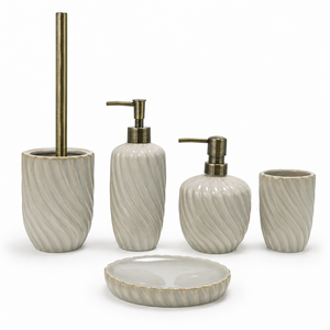 Juego de Baño de Cerámica con Diseño Espiral Acanalado de 5 Piezas en Esmalte Reactivo – Dispensador de Loción Alto, Jabonera, Vaso, Soporte para Escobilla de Inodoro - Product Image 1