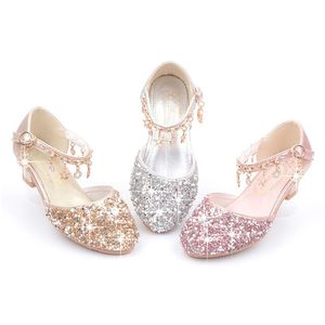 Vendita calda principessa per bambini alla moda per fiori Casual Glitter per bambini tacco alto scarpe con paillettes rosa dorato Sier - Product Image 1