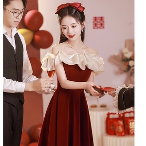 Off-the-shoulder Red Engagement Dress Mid-length Strapless Natural Waistline Contrast Color Wedding Evening Gown - Product Image 2