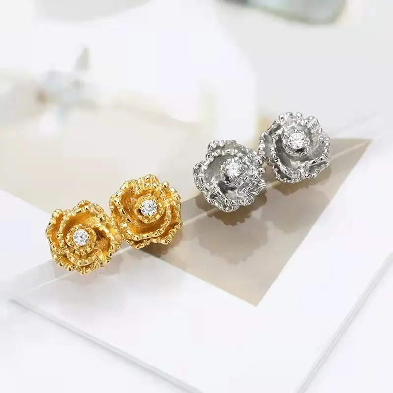 Trendy jewelry diamond zircon stainless steel posts rose flower gold plated 18 k earrings