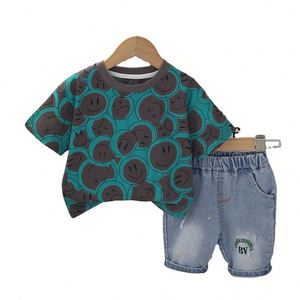 Yeni varış moda pamuk kısa kollu tişört Denim şort karikatür erkek bebek iki parçalı yaz giyim seti - Product Image 1