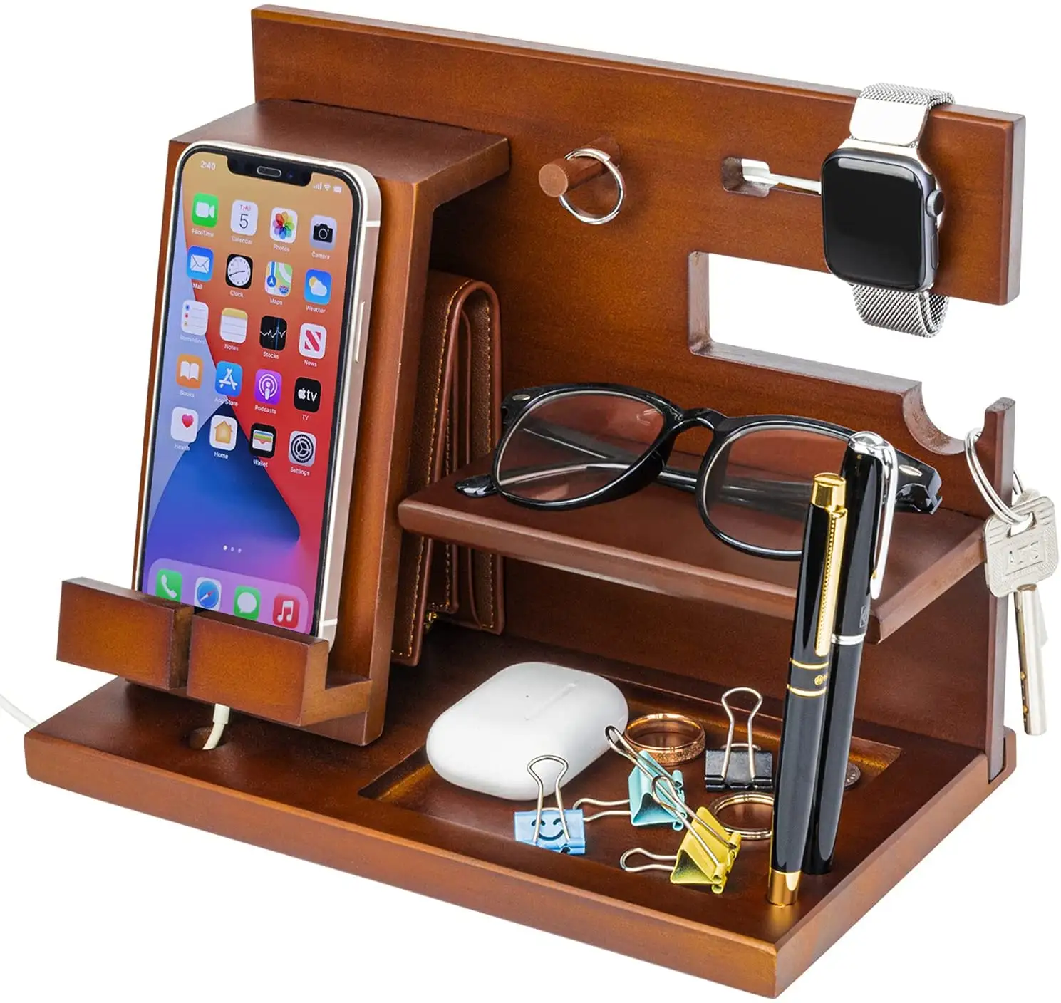 Wood Phone Docking Station Nightstand Organizer for Men - Key Holder Wallet Stand iWatch Organizer Ring Hanging