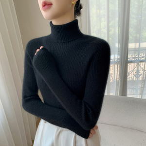 女式罗纹高领修身100%羊绒套头衫打底毛衣 - Product Image 2