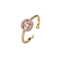 Bague ouverte ajustable en acier inoxydable 304 avec halo de zircone cubique rose et pierre ronde, bijoux de mode pour femme, vente en gros, en stock