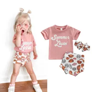 Rarewe夏季女婴服装套装女童粉色雏菊印花套装儿童字母上衣 + 印花短裤3pcs套装
