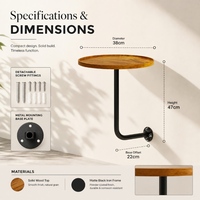Table Ronde Murale Intérieure/Extérieure, Plateau en Bois Massif, Support en Fer, Bord Lisse, Fixation par Vis pour Café et Salon de Thé
