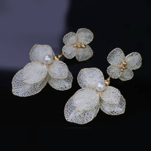 14K Gold Filled Wire Lace Flower <b>Drop</b> <b>Earrings</b>, Premium 6‑7mm High Luster Freshwater Pearl Handcrafted Italian Craft Women party - Product Image 3