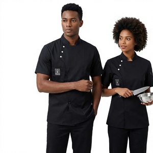 Unisex <b>Short</b> <b>Sleeve</b> Chef <b>Jacket</b> Black Button Closure Restaurant Kitchen Uniform for Men and Women - Product Image 1